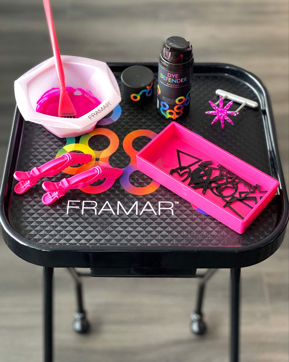 FRAMAR Dye Defender travel-compact bottle fits in a kit for on-the-go color.