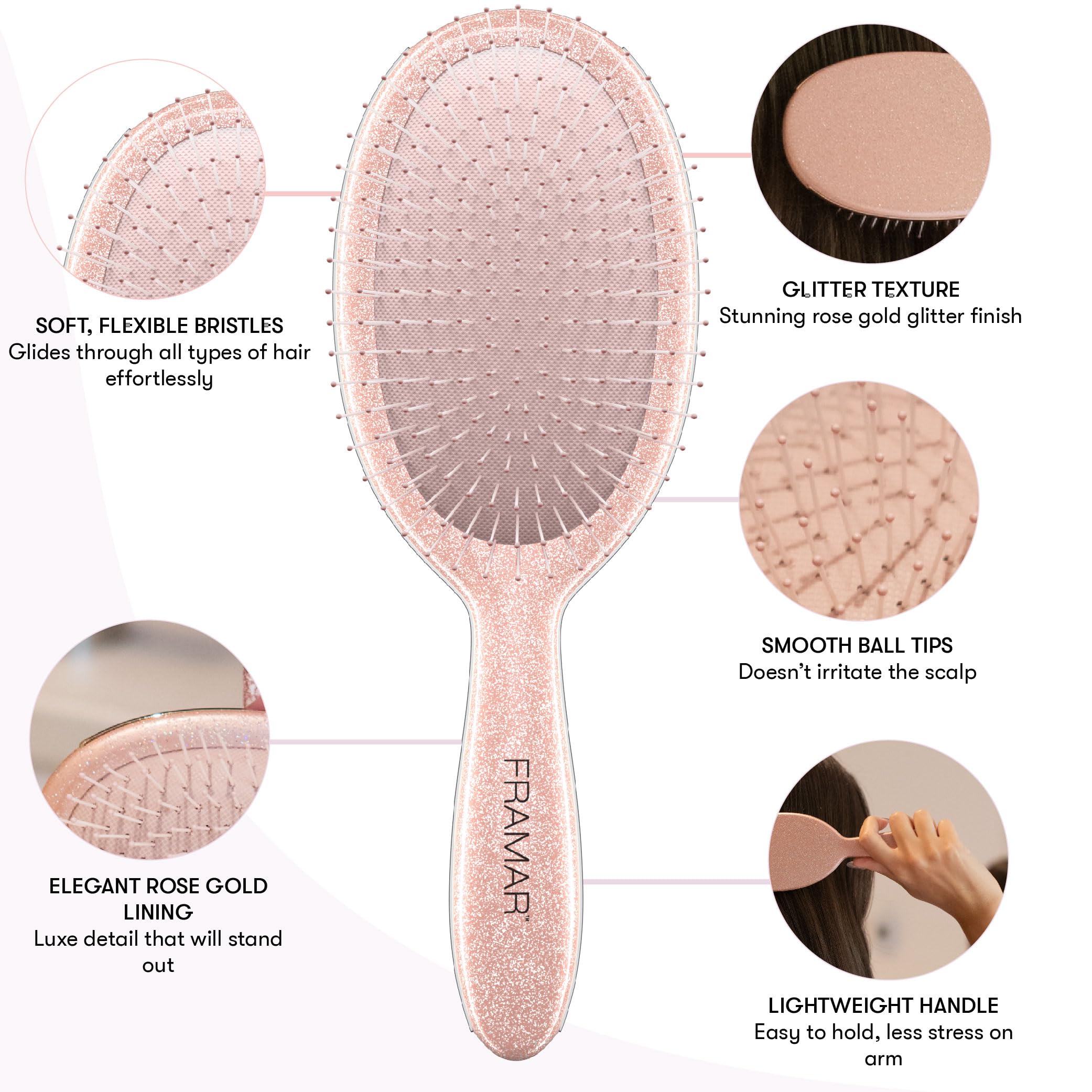 FRAMAR Glitter Hair Brush Detangler bristles close-up demonstrate gentle detangling for sensitive scalps.