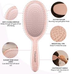 FRAMAR Glitter Hair Brush Detangler bristles close-up demonstrate gentle detangling for sensitive scalps.