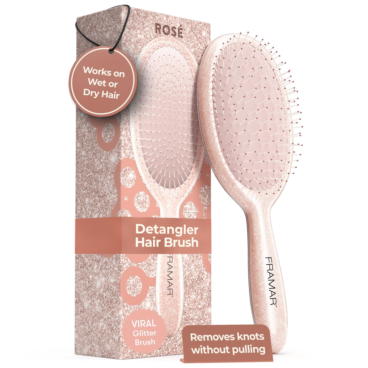 FRAMAR Glitter Hair Brush Detangler front view highlights tangle-free styling and reduced breakage.