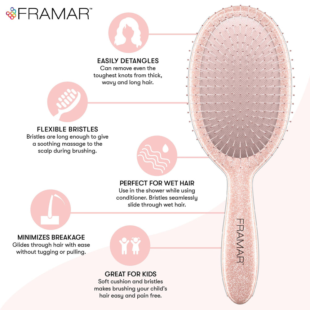 FRAMAR Glitter Hair Brush Detangler wet-hair-use shows smooth glide on damp hair.