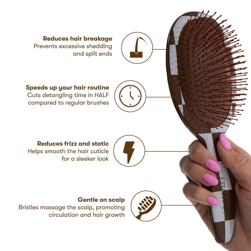 FRAMAR brush leaves hair shiny and frizz-reduced after brushing