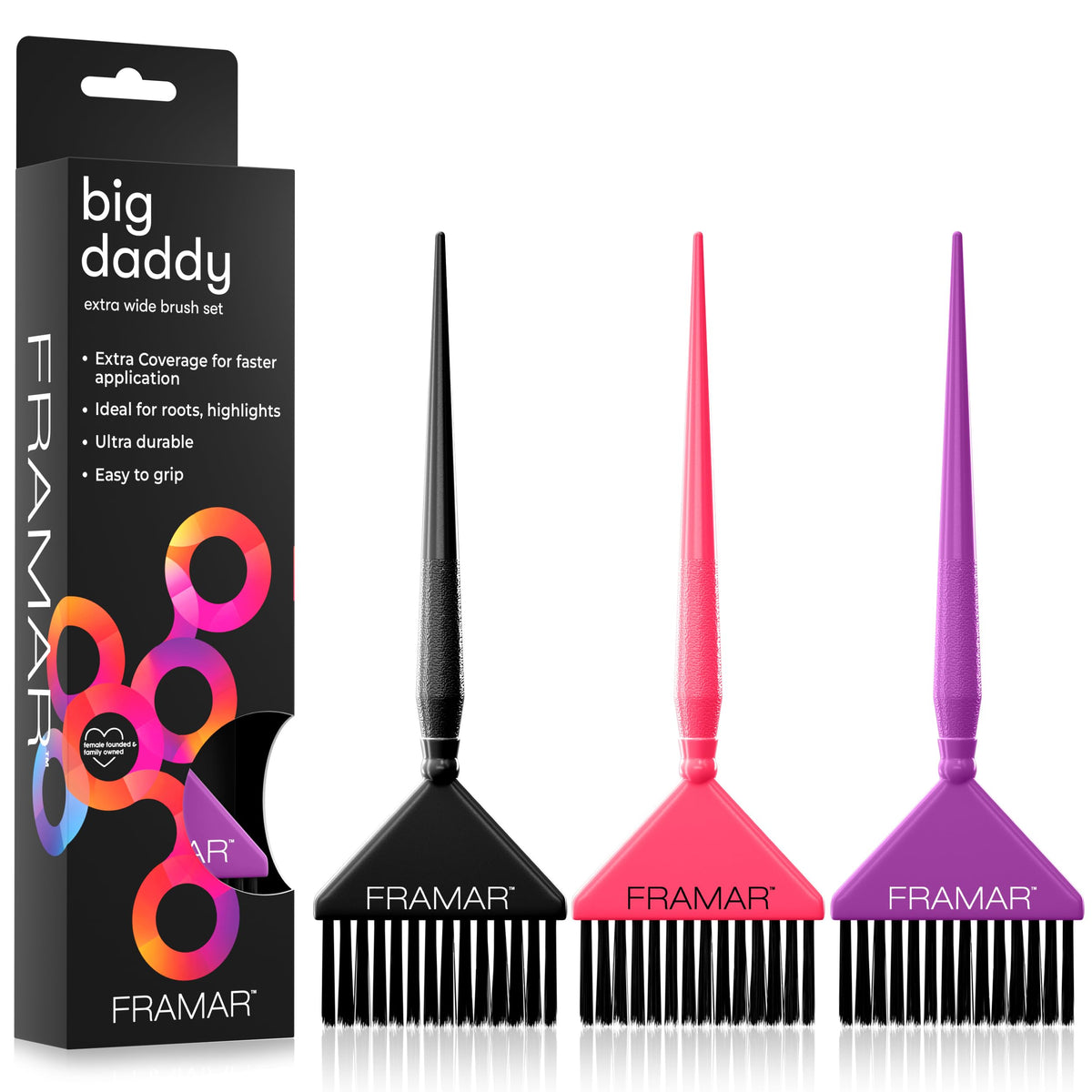FRAMAR Hair Color Brush Set wide head for fast, even coverage on highlights.