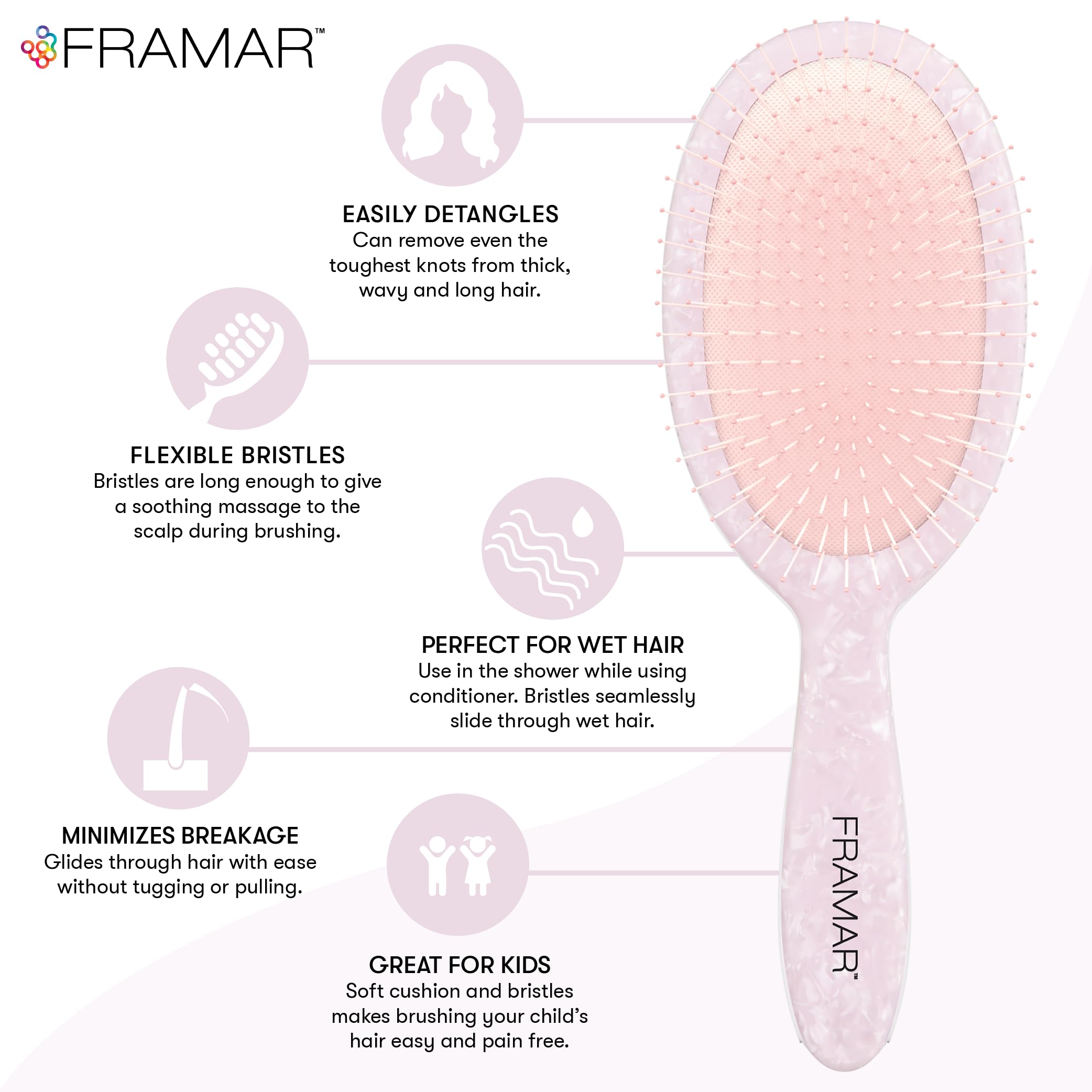FRAMAR iridescent hair brush holographic surface adds luxury during daily detangling.