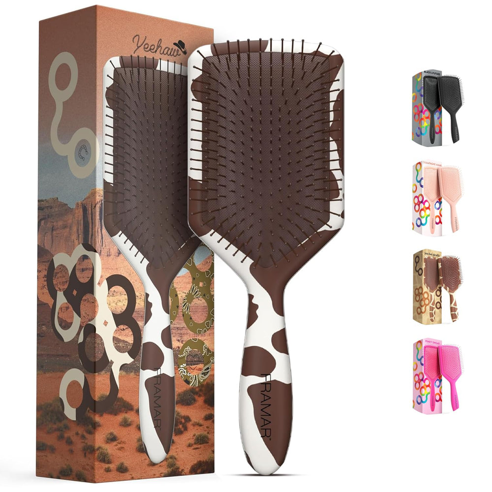 FRAMAR paddle brush cow print closeup for gentle detangling