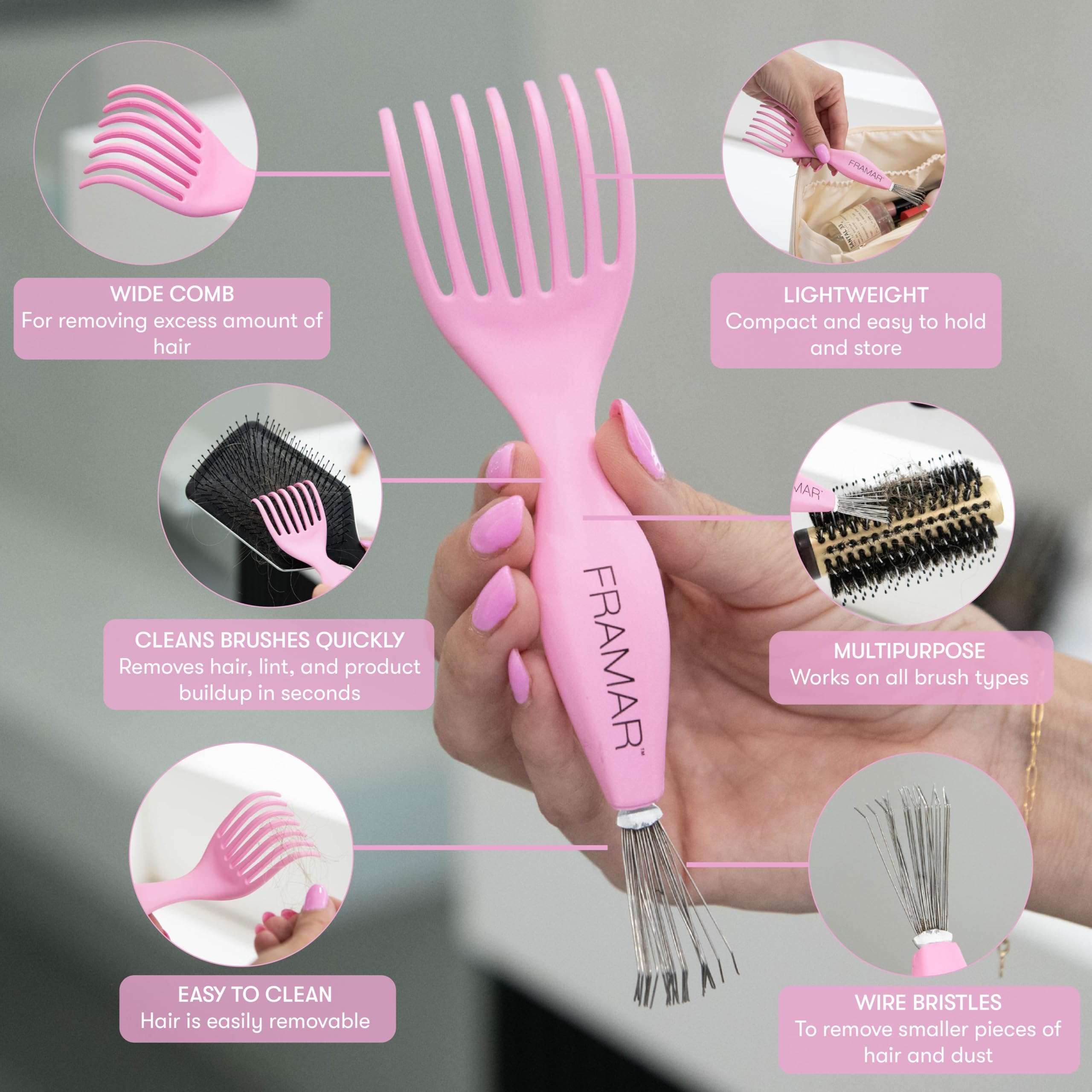 FRAMAR tool cleans paddle and round brushes with ease.