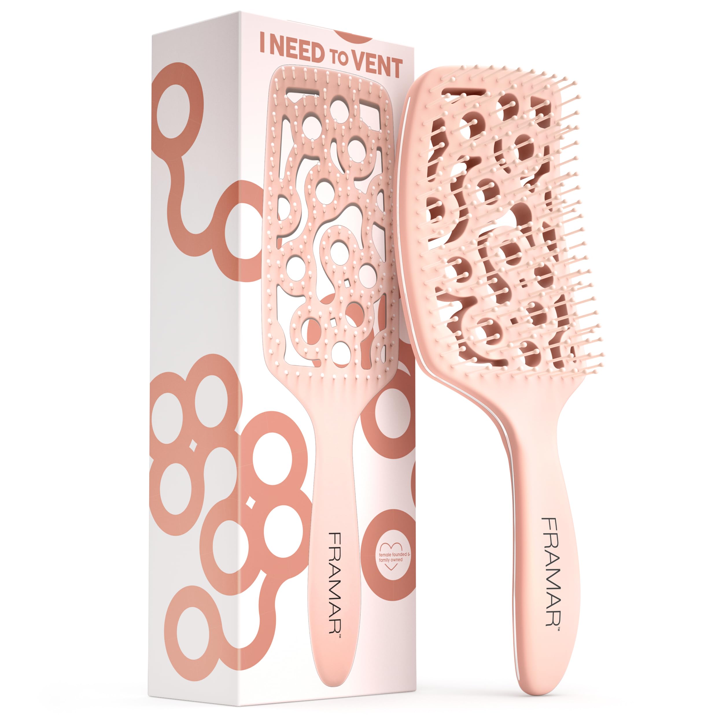 FRAMAR professional vented hair brush with curved handle for gentle blow-drying.
