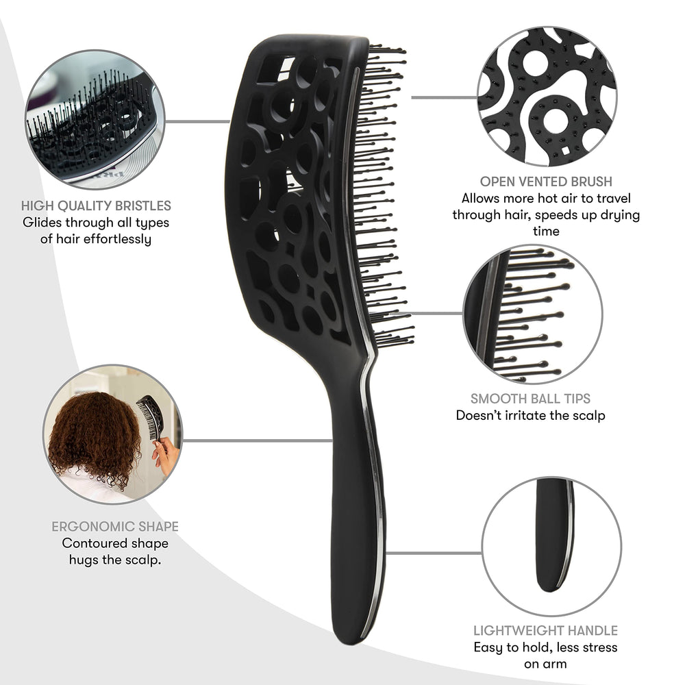 FRAMAR curved brush design cushions the scalp for comfortable blow drying.