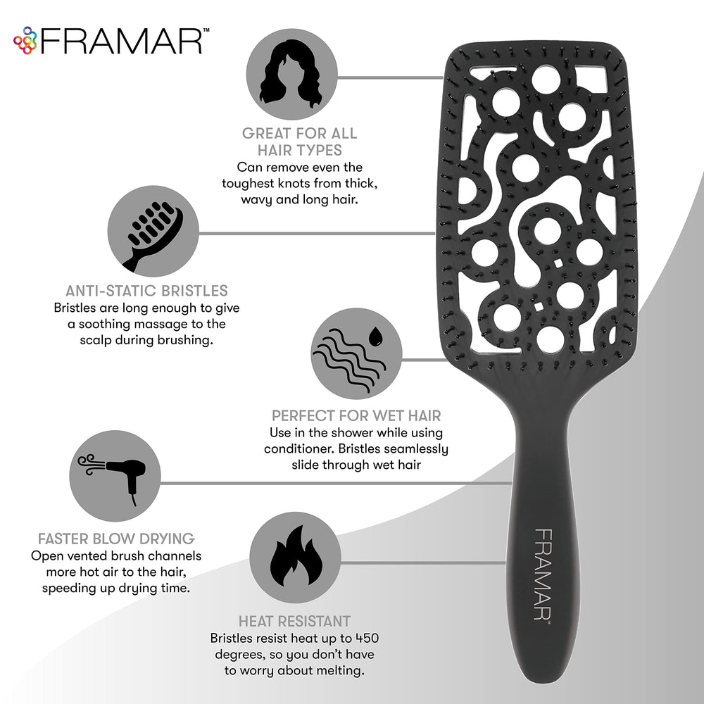 FRAMAR vented brush soft bristles glide through hair with minimal tug.
