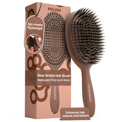 FRAMAR Soft Boar Bristle Hair Brush closeup, showcasing gentle detangling and natural shine.