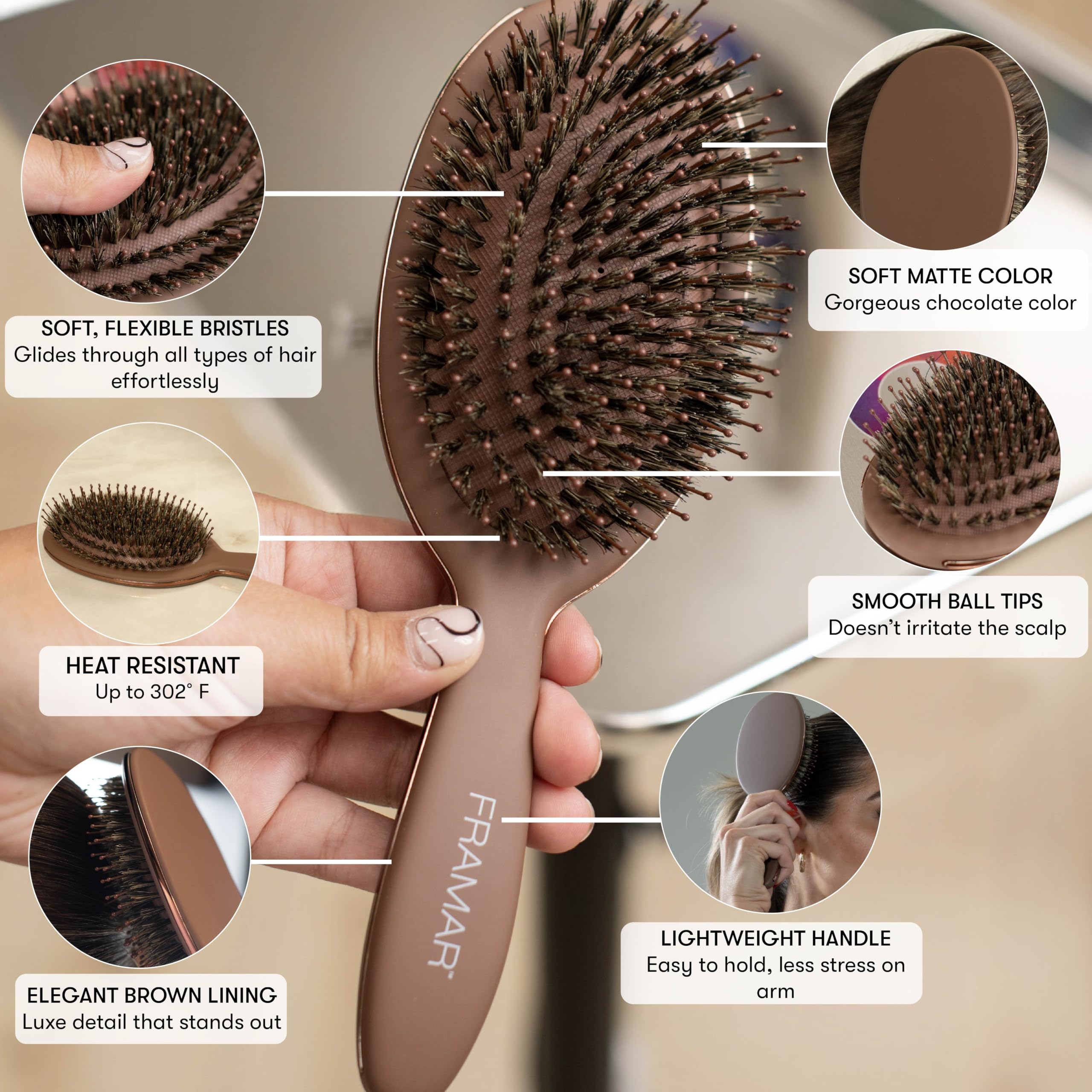 FRAMAR Soft Bristle Brush – detail shot of gentle detangling through fine hair