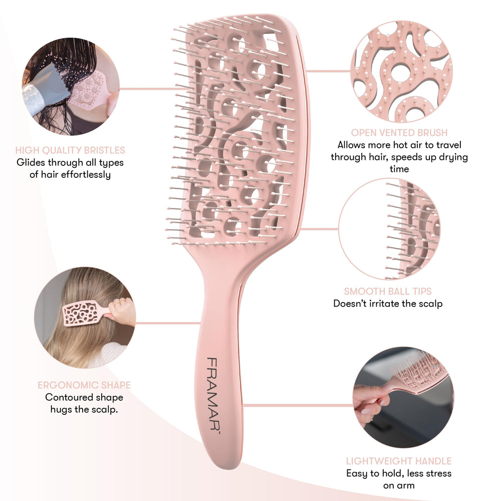FRAMAR wet-hair paddle brush detangles damp hair with minimal breakage.