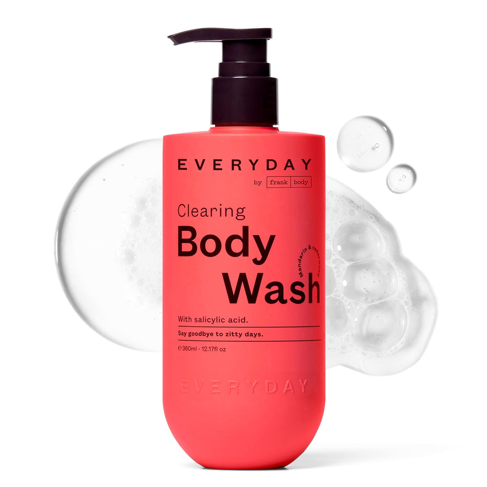 frank body Clearing Body Wash bottle on sink showing refreshing, clarified skin routine