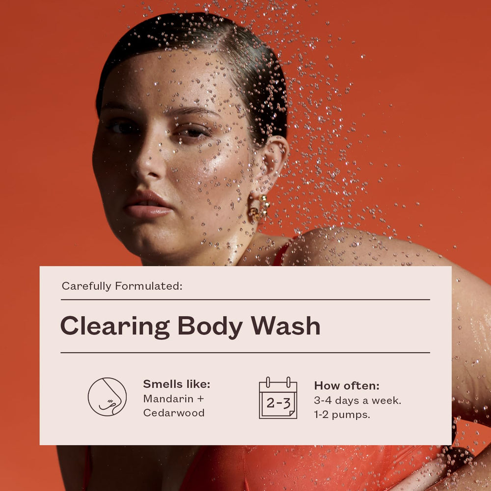 Shower scene with frank body Clearing Body Wash in use for daily cleansing