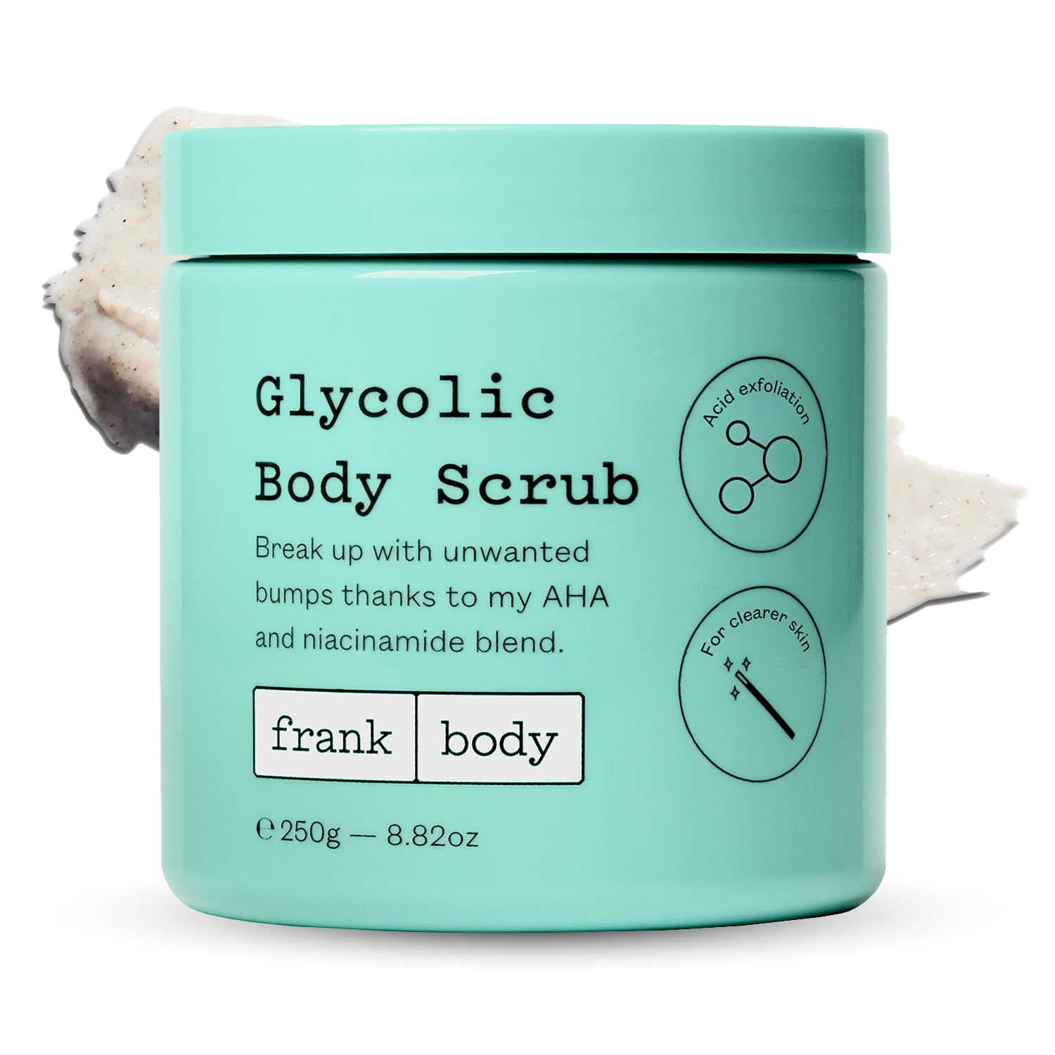 frank body glycolic acid body scrub bottle on shelf for exfoliating cleanse