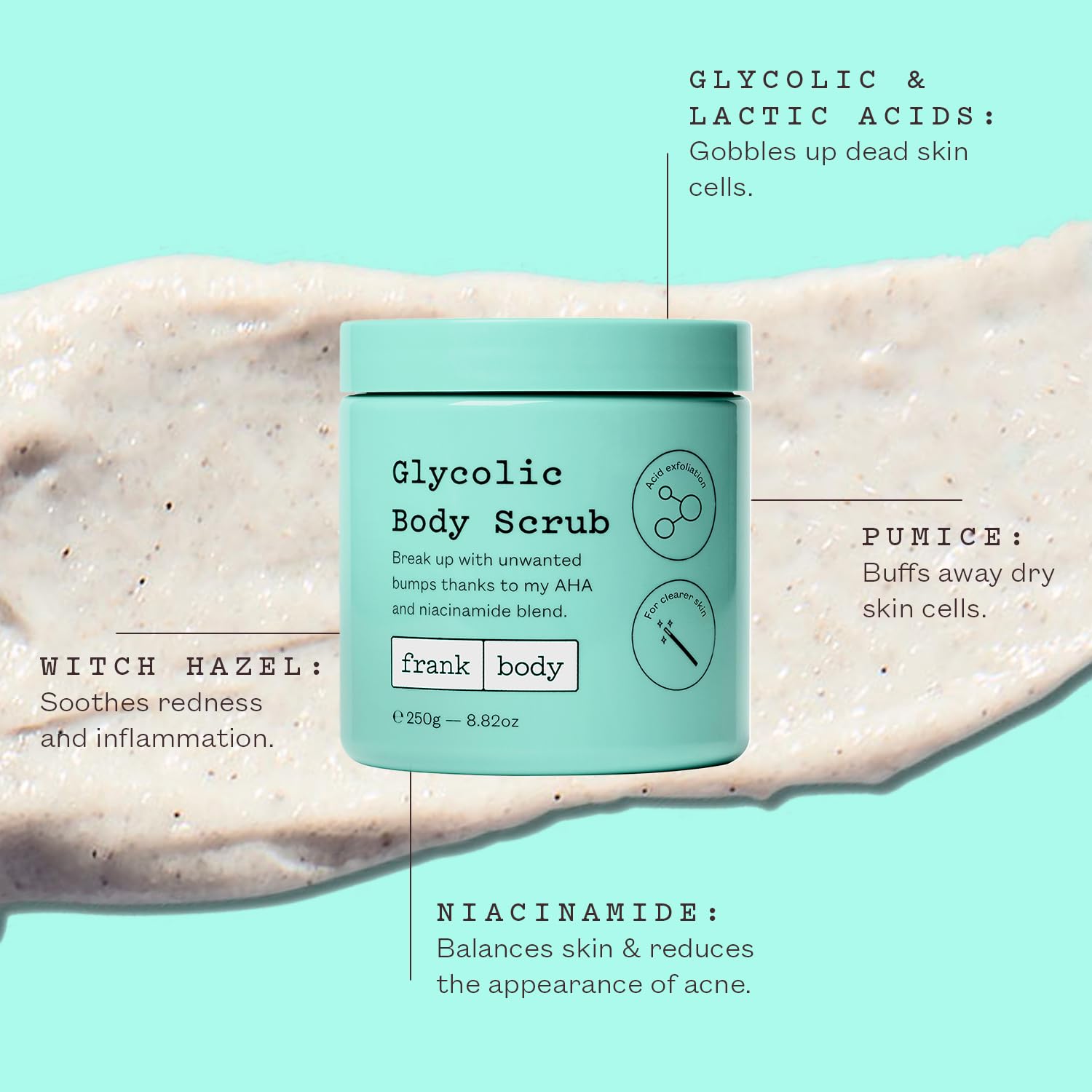 frank body glycolic acid body scrub close-up shows exfoliating pumice particles