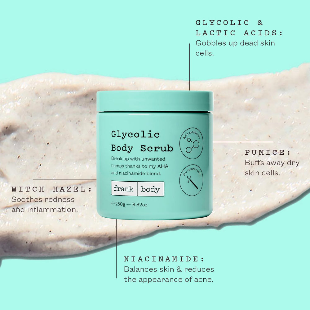 frank body glycolic acid body scrub close-up shows exfoliating pumice particles