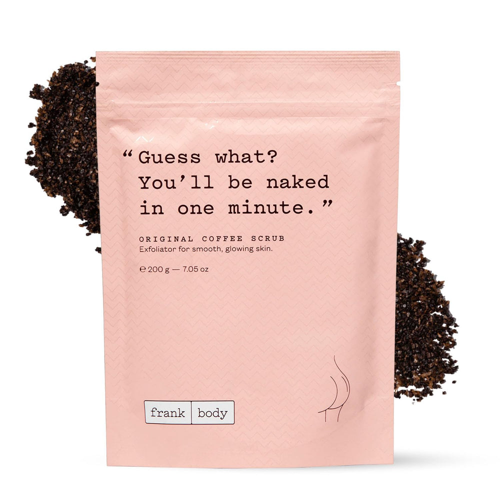 Frank Body Original Coffee Scrub jar close-up illustrating exfoliation action for smoother skin.