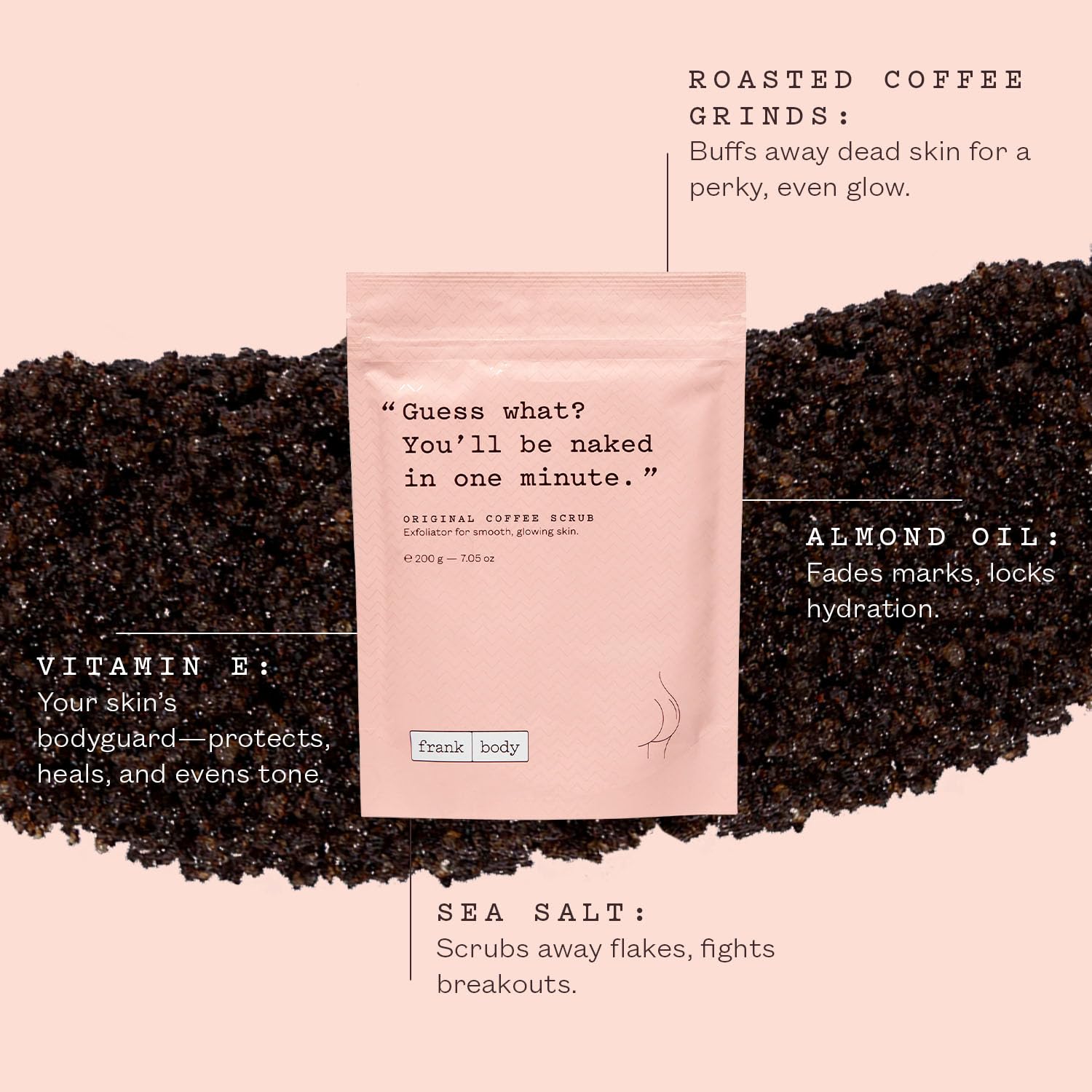Frank Body Original Coffee Scrub packaging emphasizes vegan, cruelty-free formula