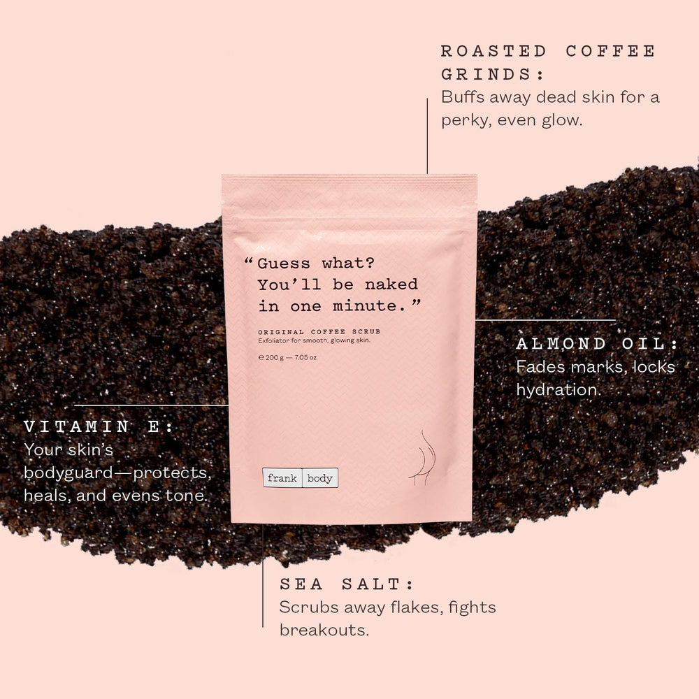 Frank Body Original Coffee Scrub texture close-up highlighting grainy exfoliation for smoother skin.
