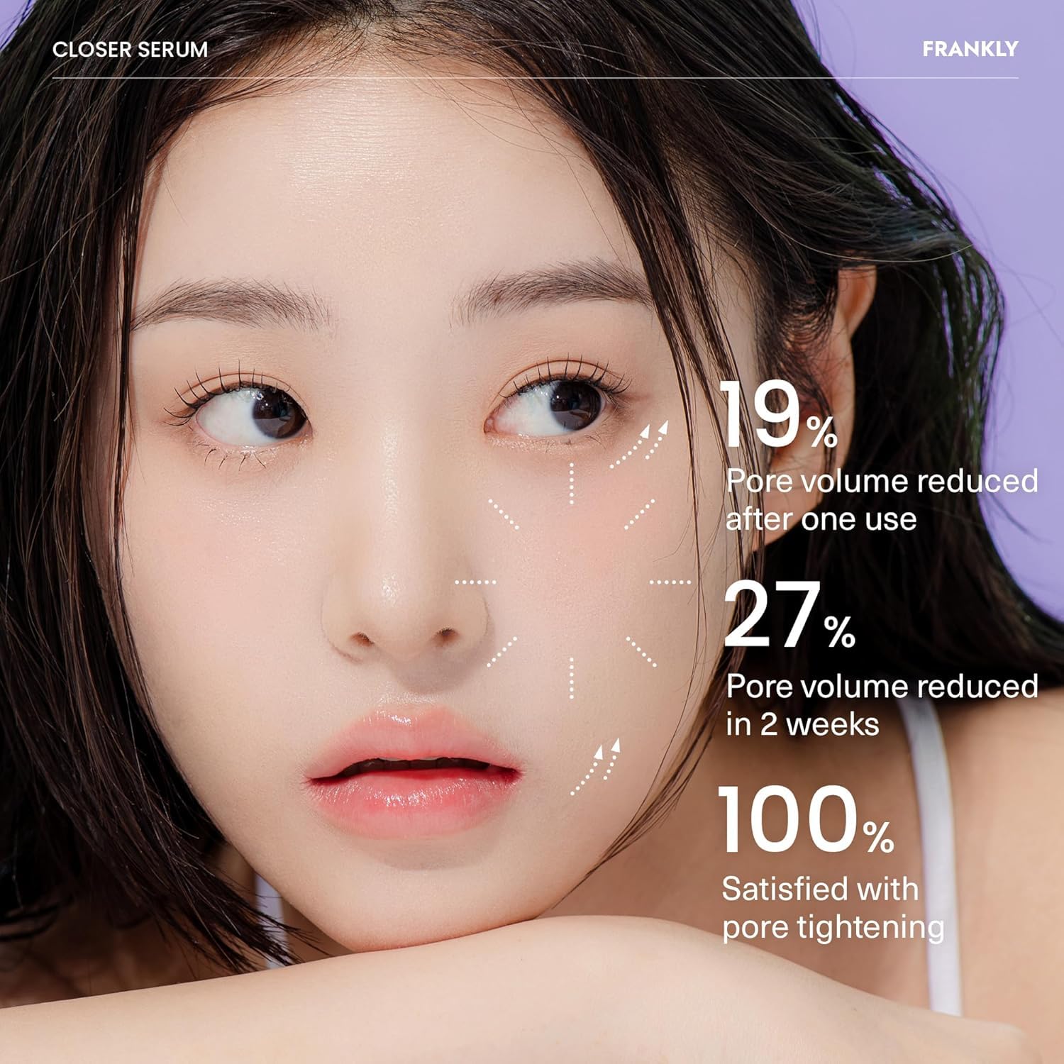 FRANKLY Closer Serum ingredients graphic highlights peptides and vegan collagen support.