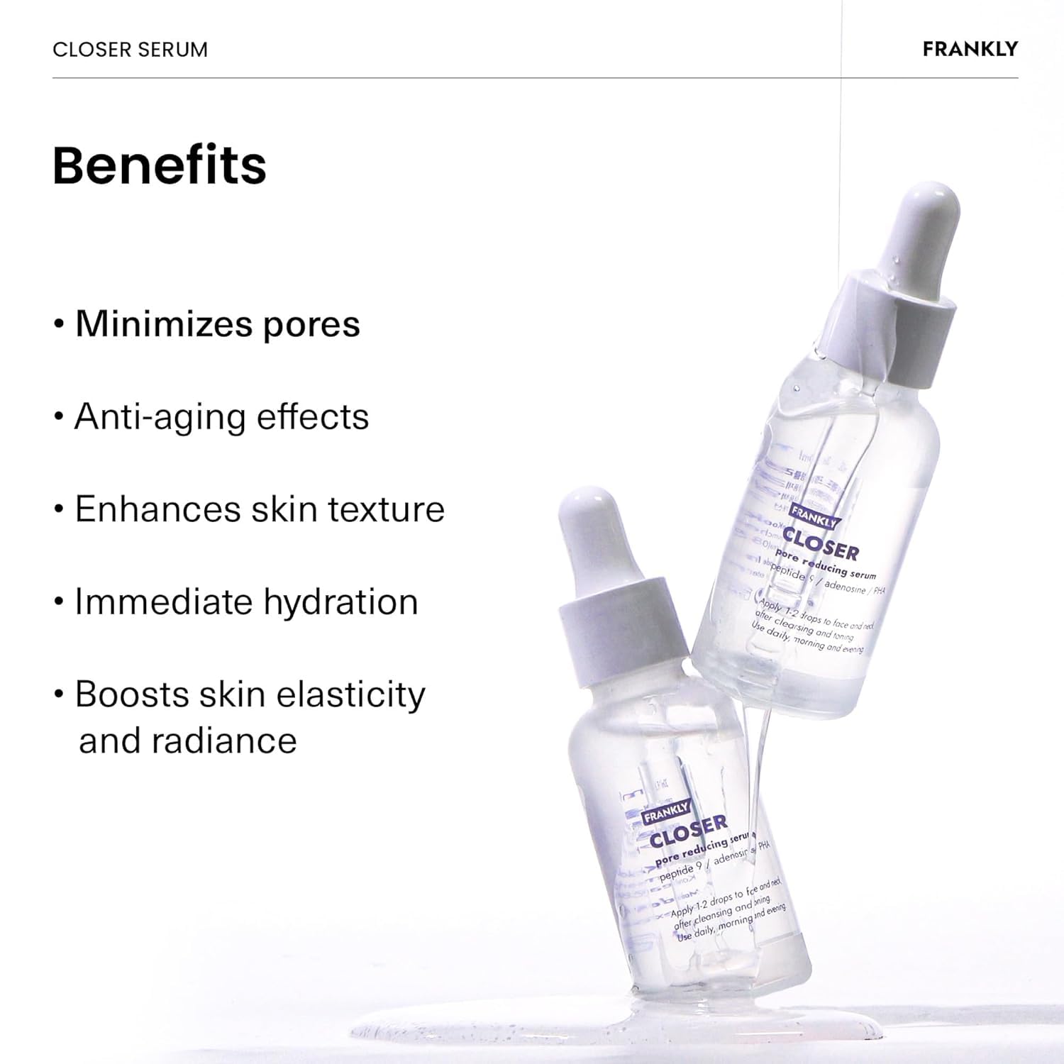 FRANKLY Closer Serum pha exfoliation visual suggests gentle resurfacing for refined texture.