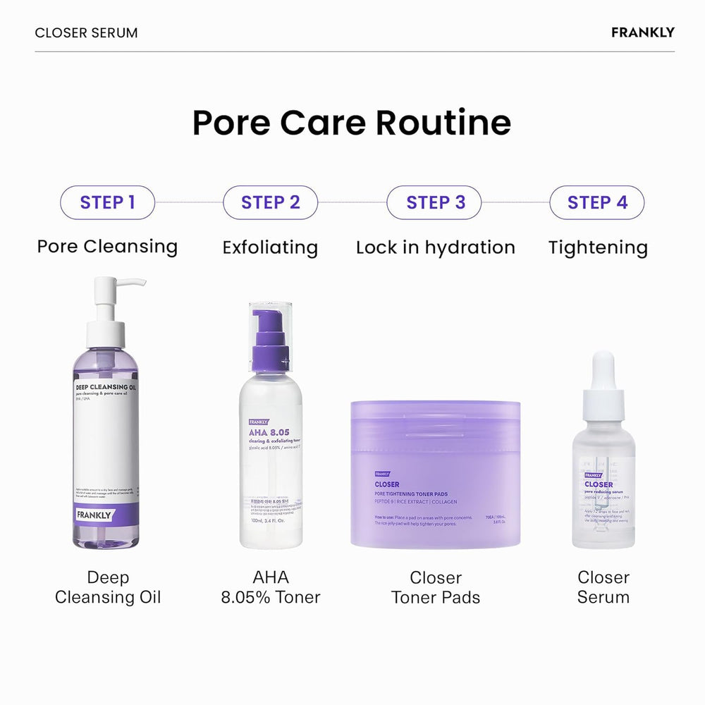 FRANKLY Closer Serum pore-minimizer graphic implies smoother pores and refined skin tone.