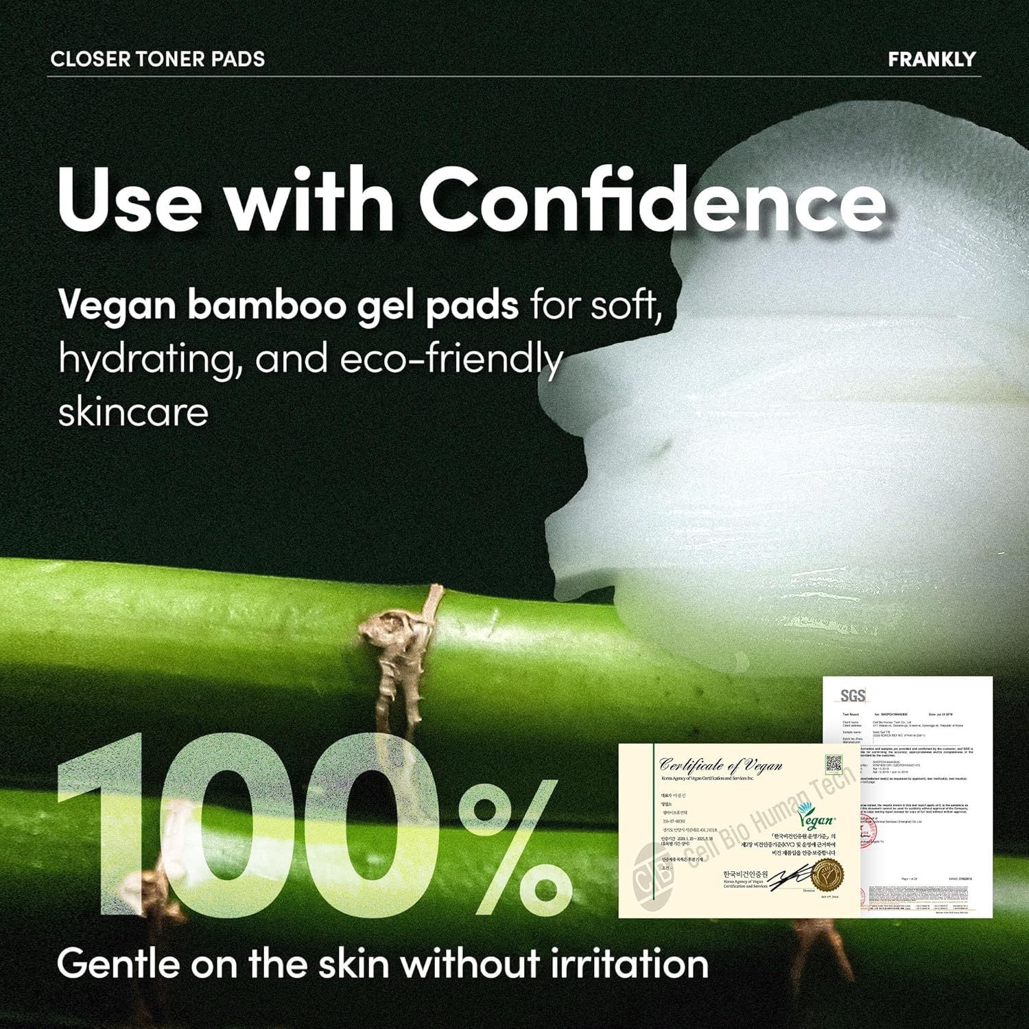 FRANKLY Pore Closer Toner Pad labeling shows science-backed Korean skincare.