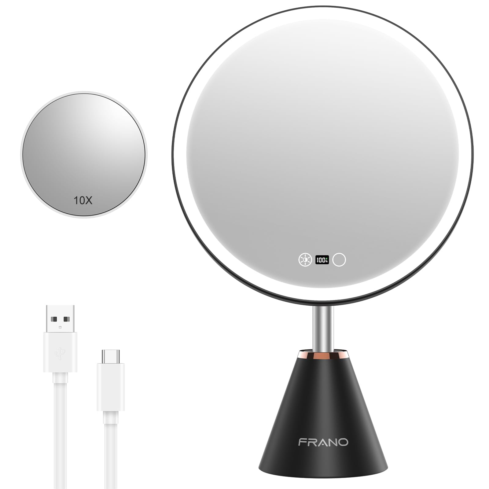 FRANO 10.5-inch professional makeup mirror front-lit panel for accurate color matching during makeup.