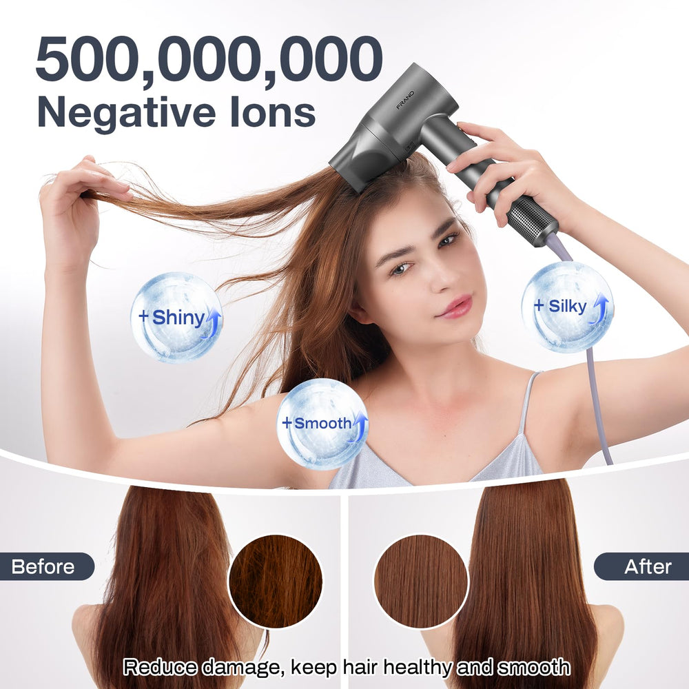 FRANO hair dryer intelligent display highlights personalized heat and speed settings.