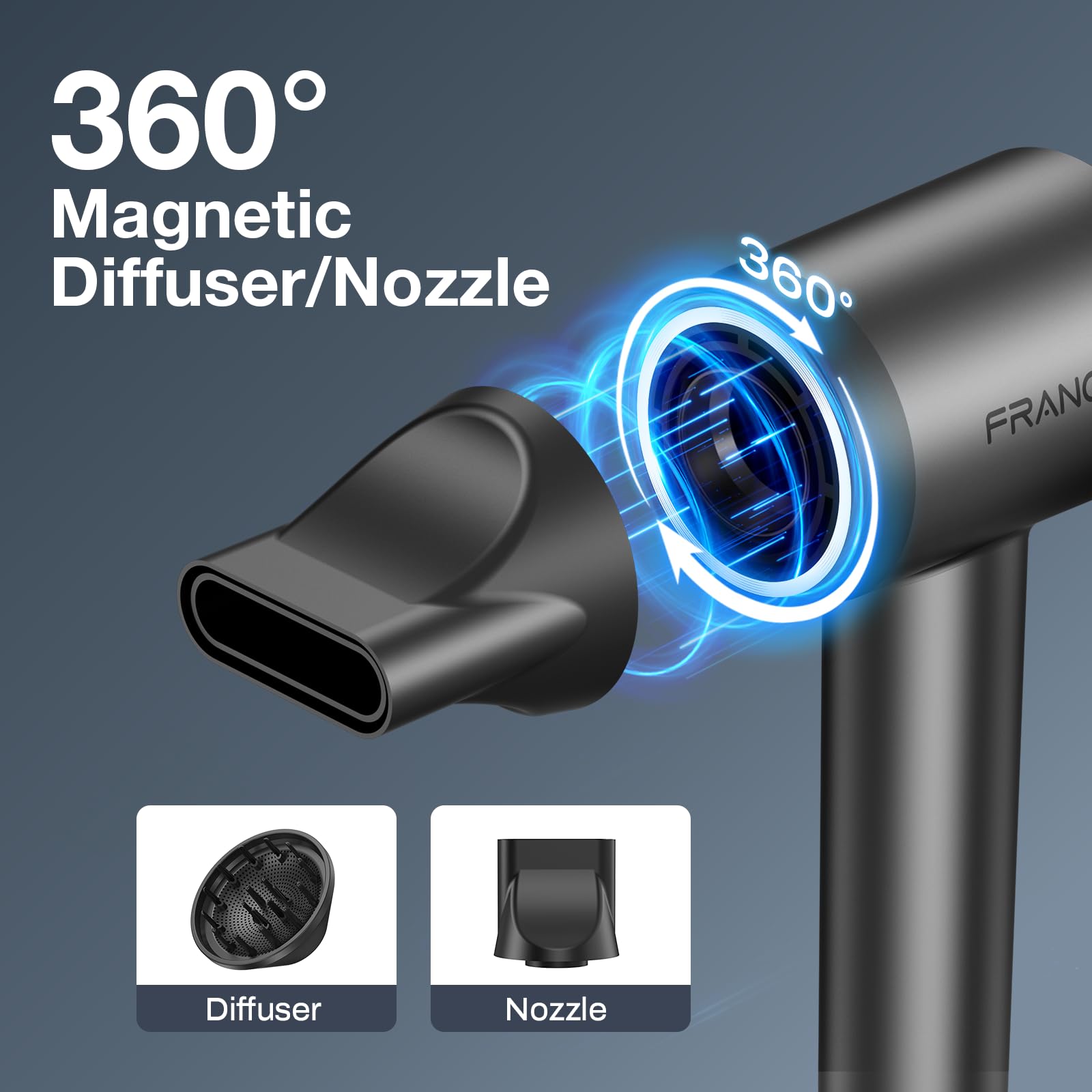 FRANO magnetic diffuser and nozzle attached for versatile styling.