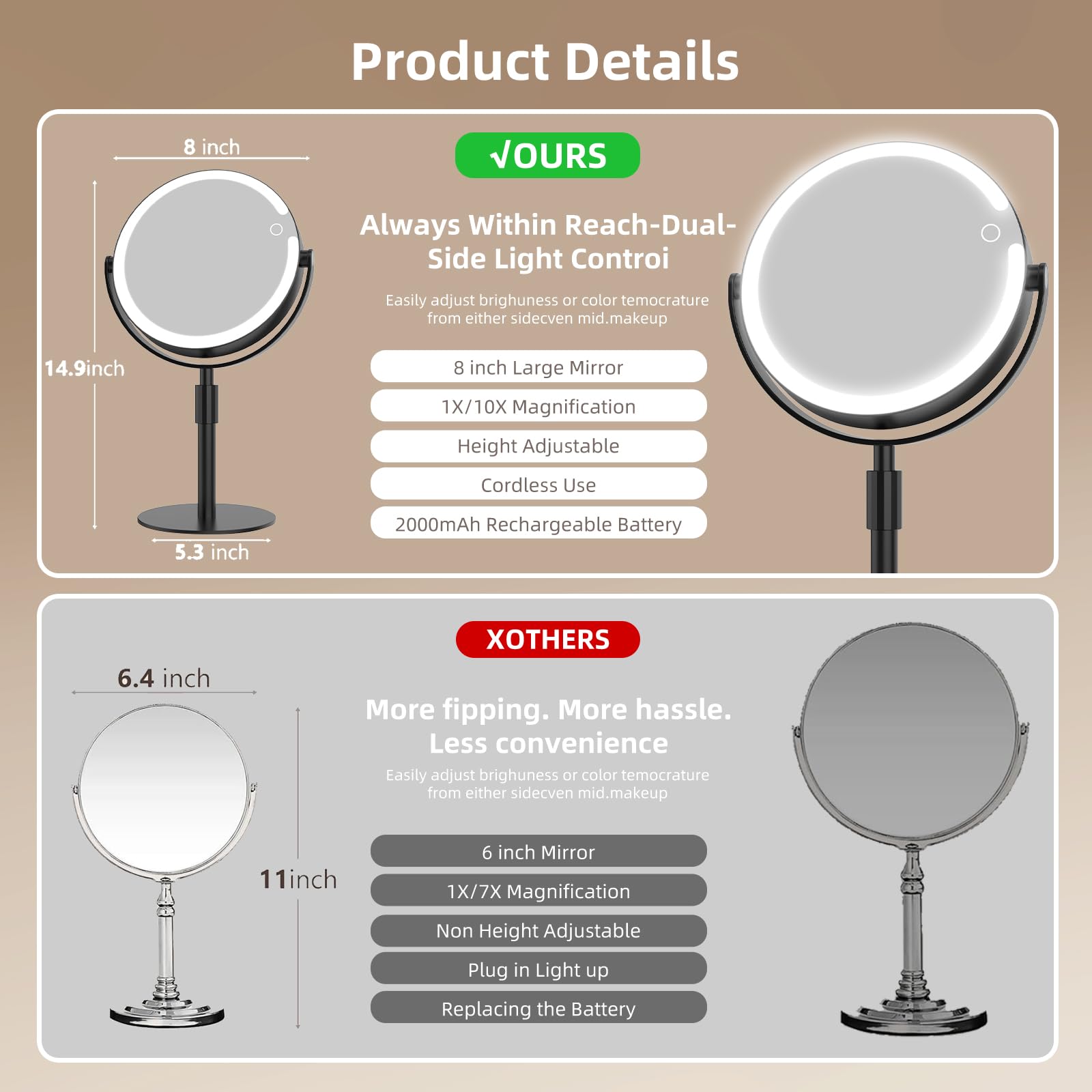FRANO makeup mirror 360° rotation and adjustable height for viewing