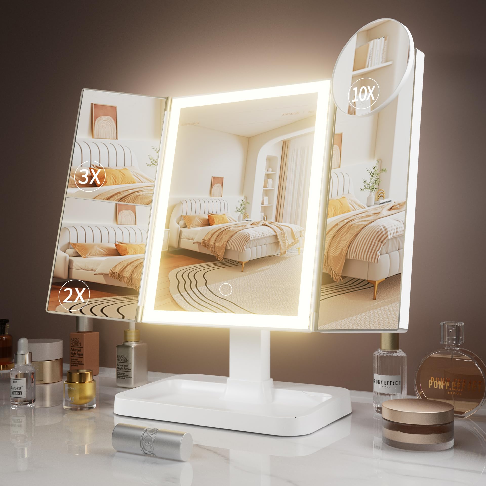 FRANO makeup mirror with lights showing natural, warm, and cool lighting modes for accurate makeup