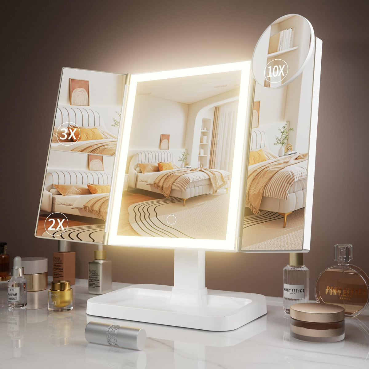 FRANO makeup mirror with lights showing natural, warm, and cool lighting modes for accurate makeup