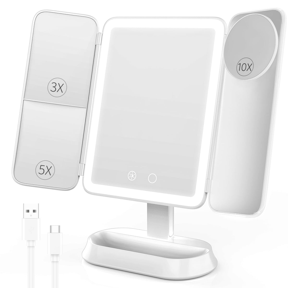FRANO tri-fold makeup mirror with lights, front view for accurate makeup in any lighting.