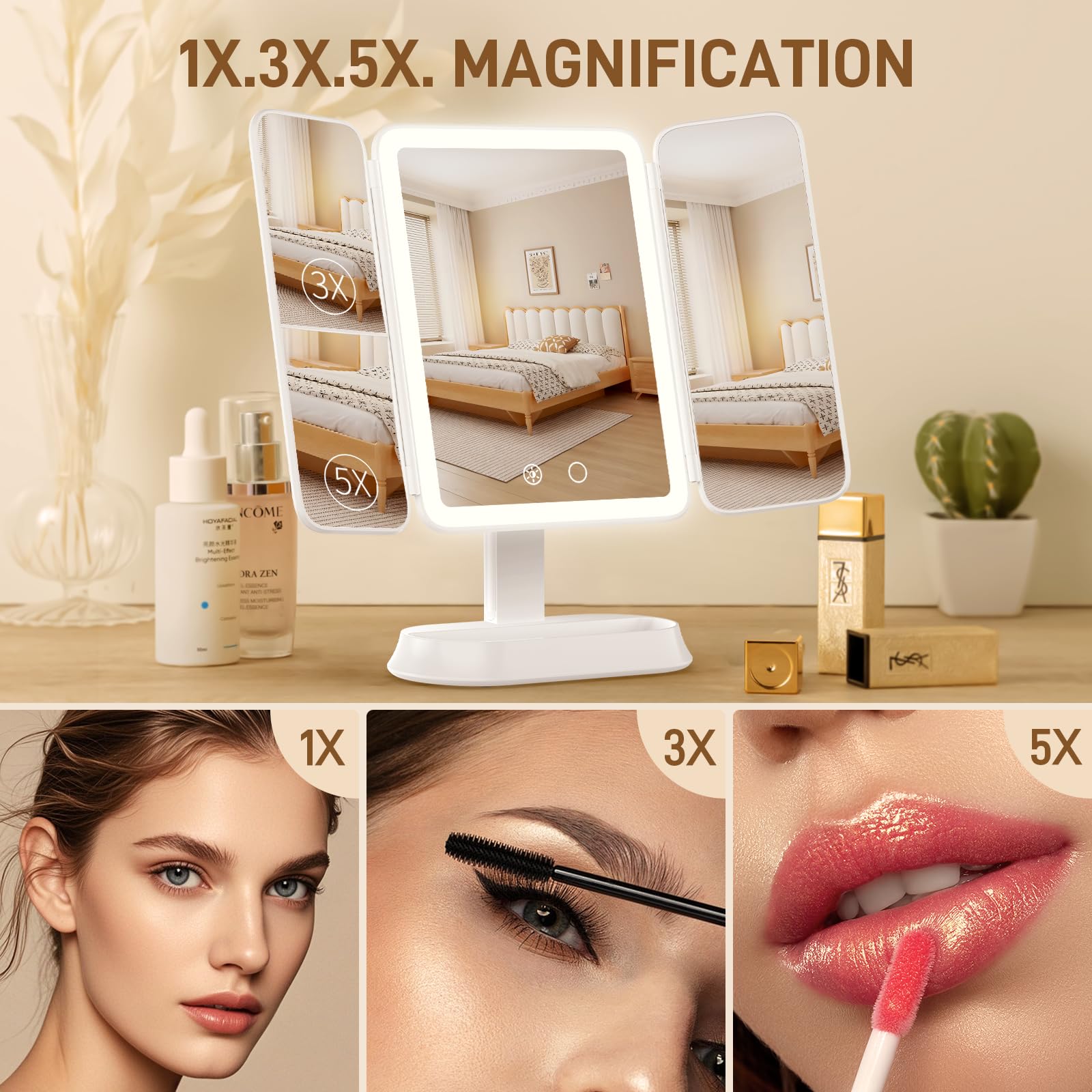 FRANO vanity mirror side 5x magnification for ultra-precise skincare and grooming.