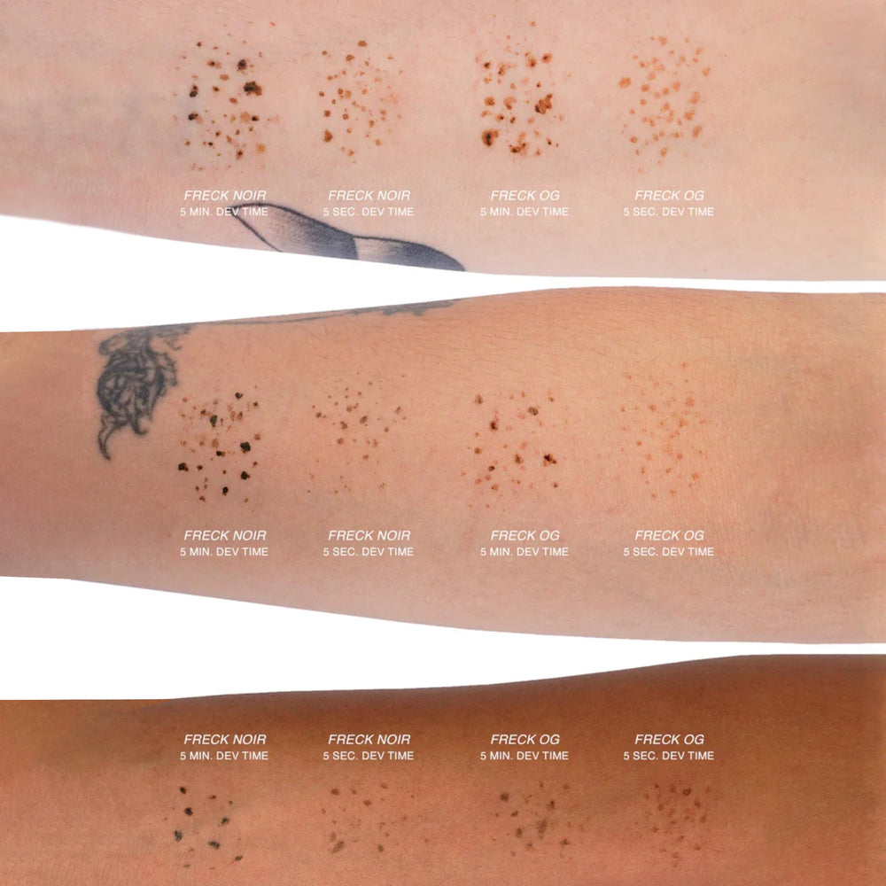 Freck Beauty Freckle Pen XL deep swatch shows cooler tone for deeper complexions.