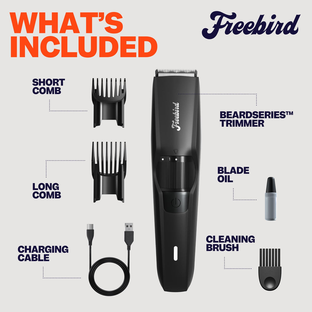 Freebird BeardSeries charging dock shows cordless convenience for on-the-go trimming.