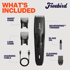 Freebird BeardSeries charging dock shows cordless convenience for on-the-go trimming.