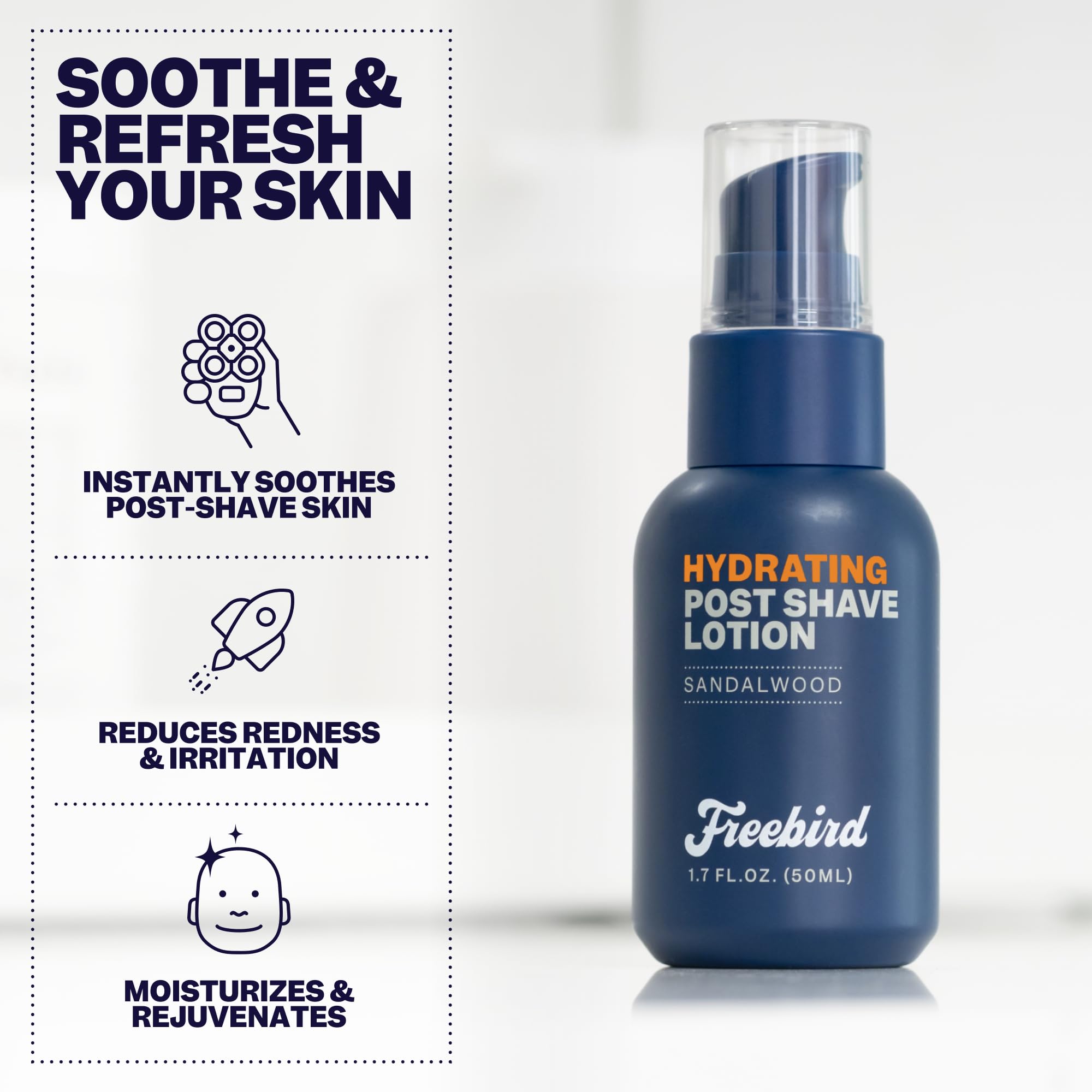 Freebird lotion label highlighting sandalwood scent and natural oils