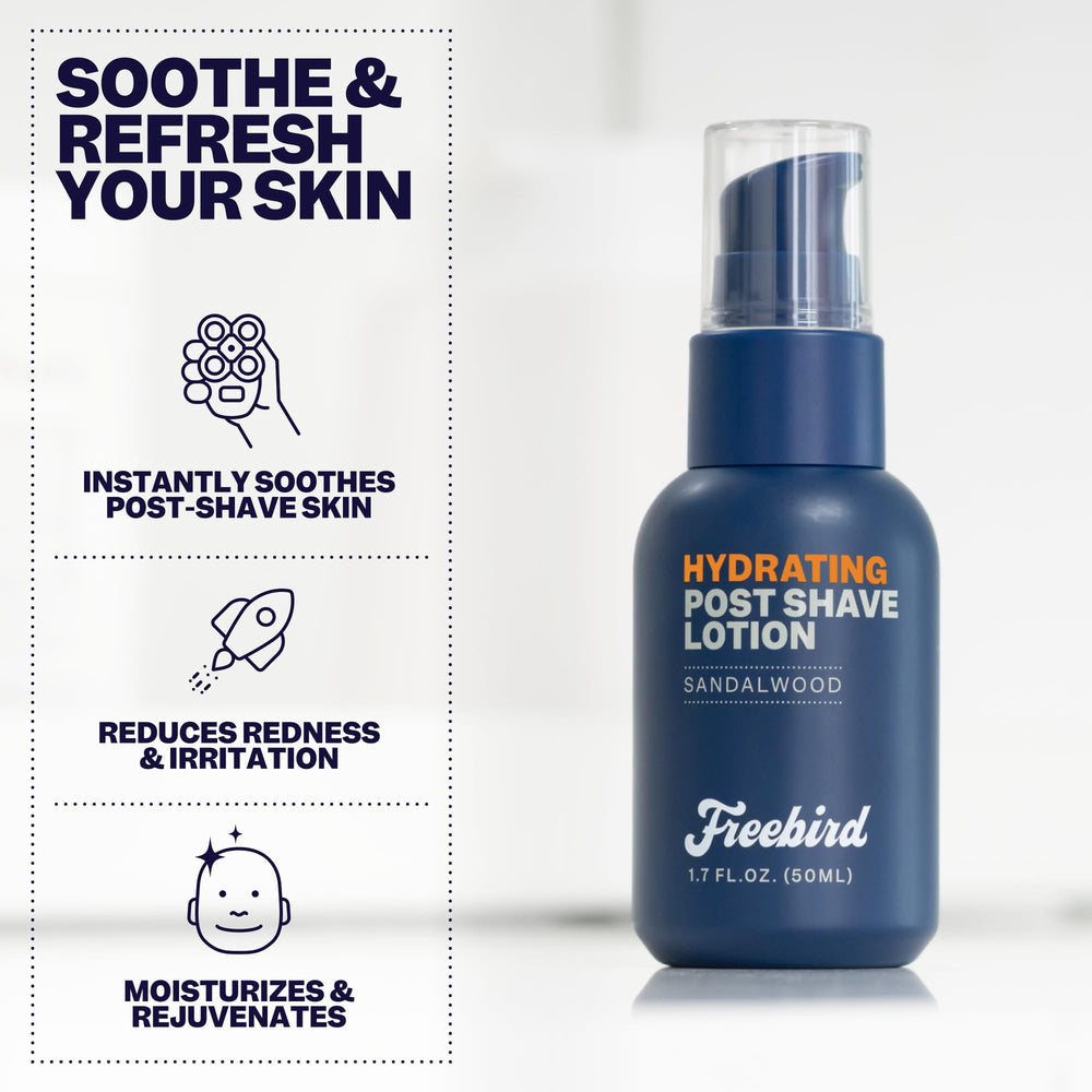 Freebird lotion label highlighting sandalwood scent and natural oils