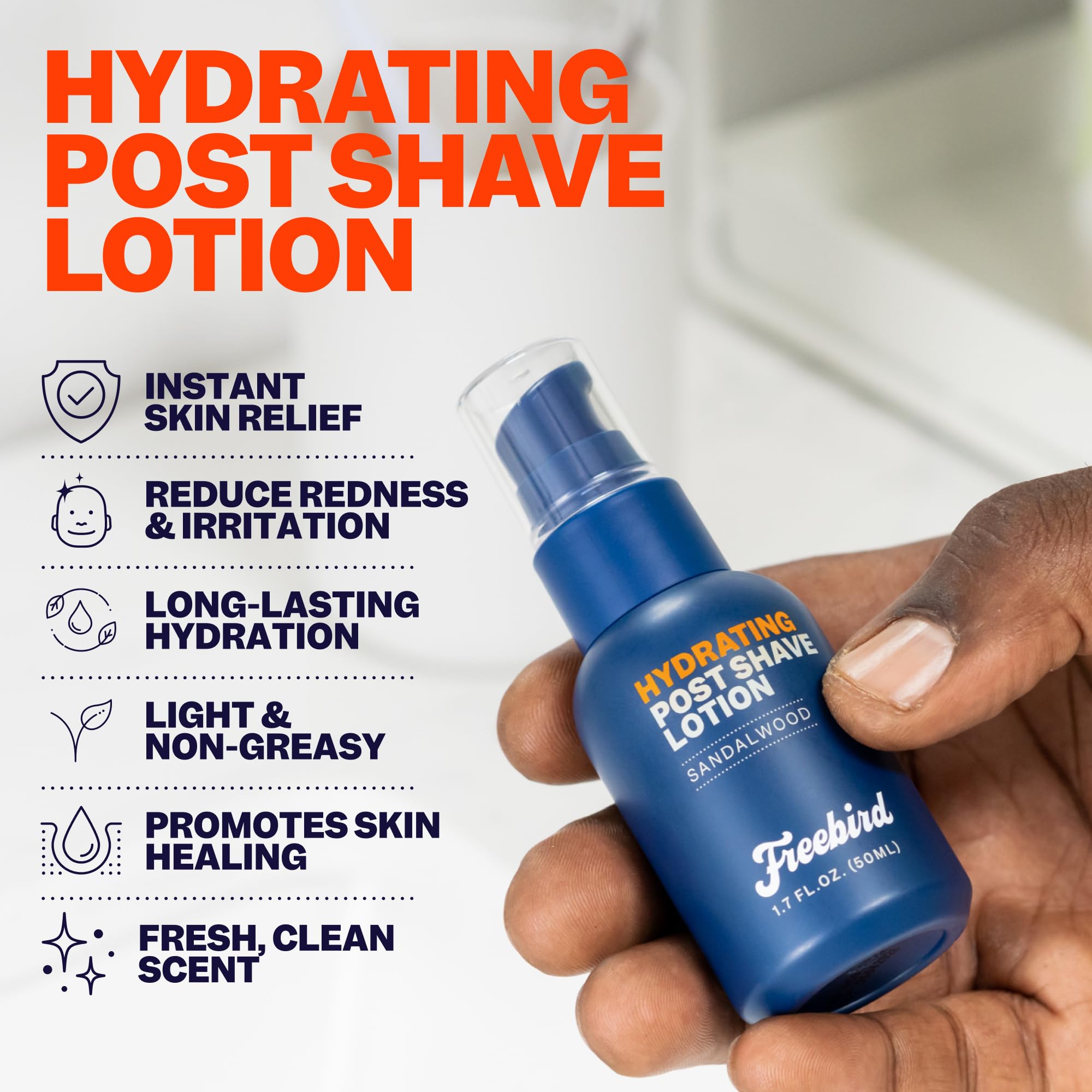 Freebird post-shave lotion dispensing shows cooling, non-greasy moisturization
