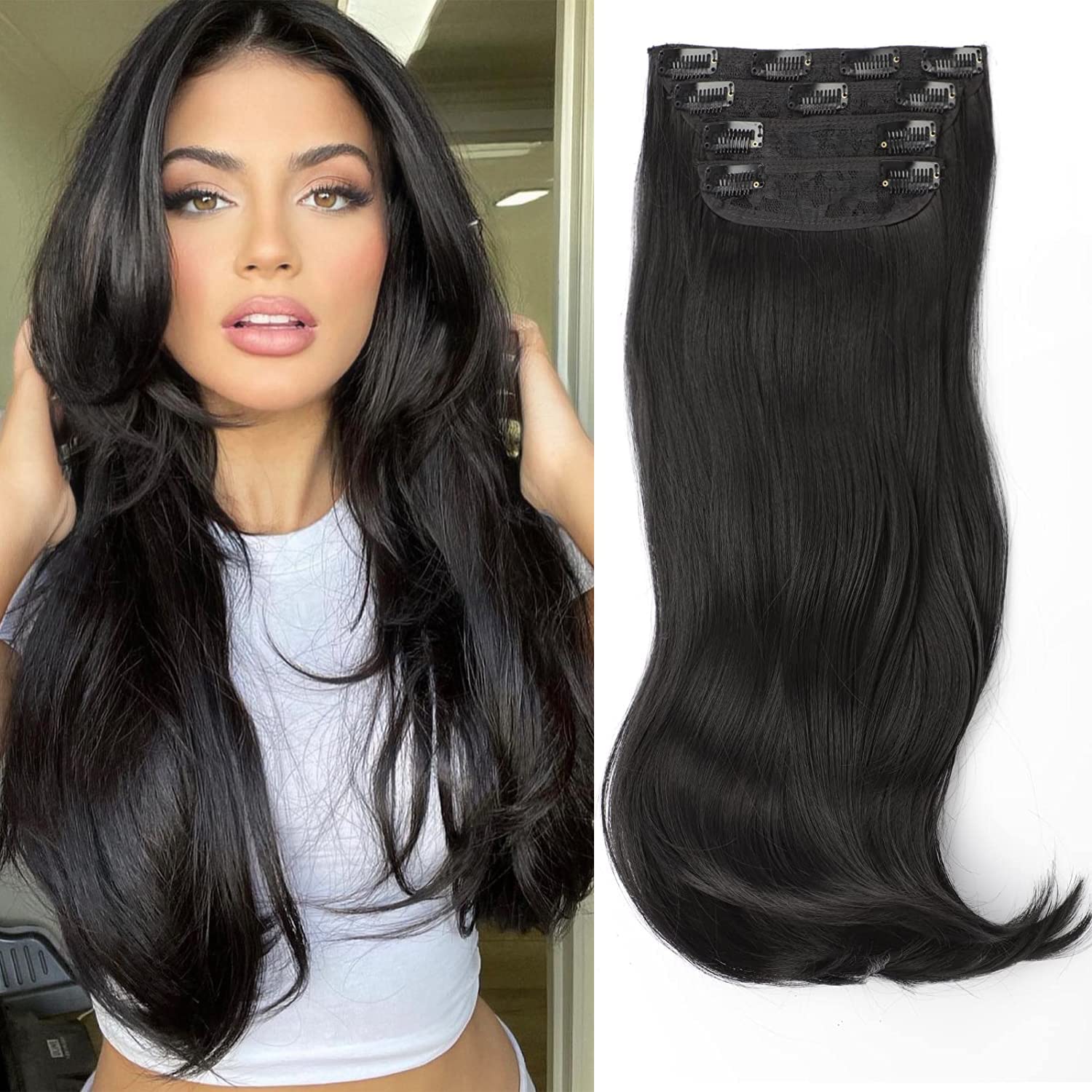 FREEMEIGE black hair extensions clip-in 20inch four-piece pack adds quick volume for everyday styling.