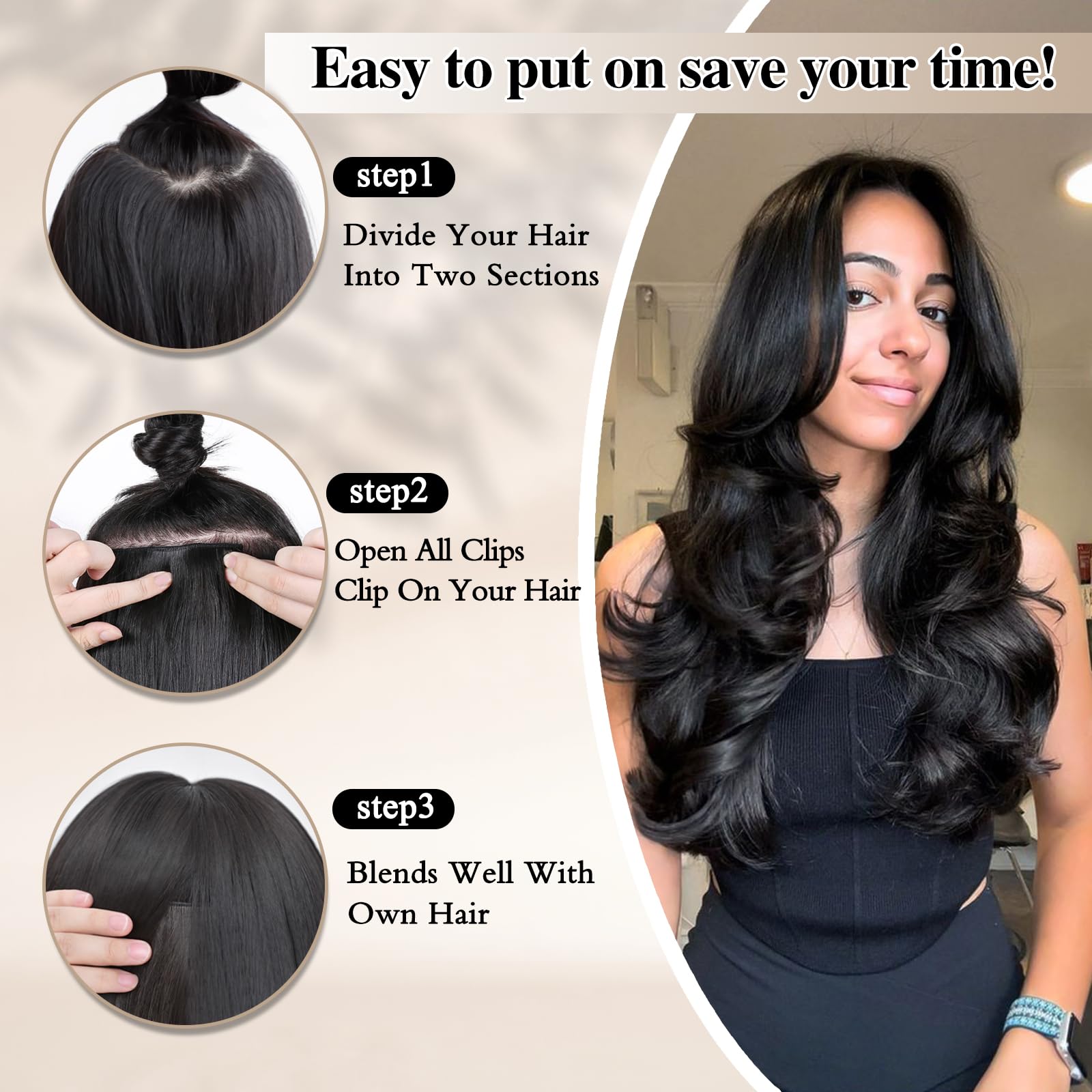 FREEMEIGE easy clip-in application ensures quick, secure daytime styling.