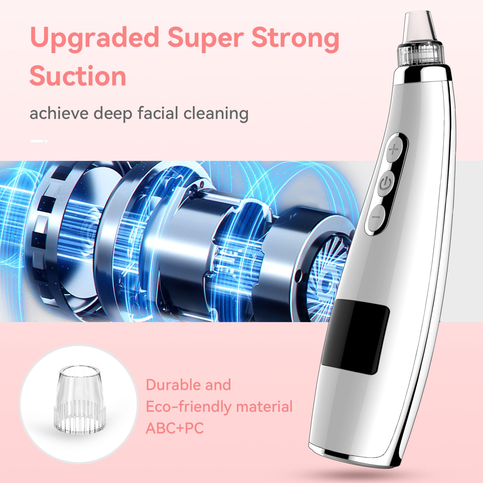 FREESHOW blackhead vacuum LED display highlighting suction level and battery status.