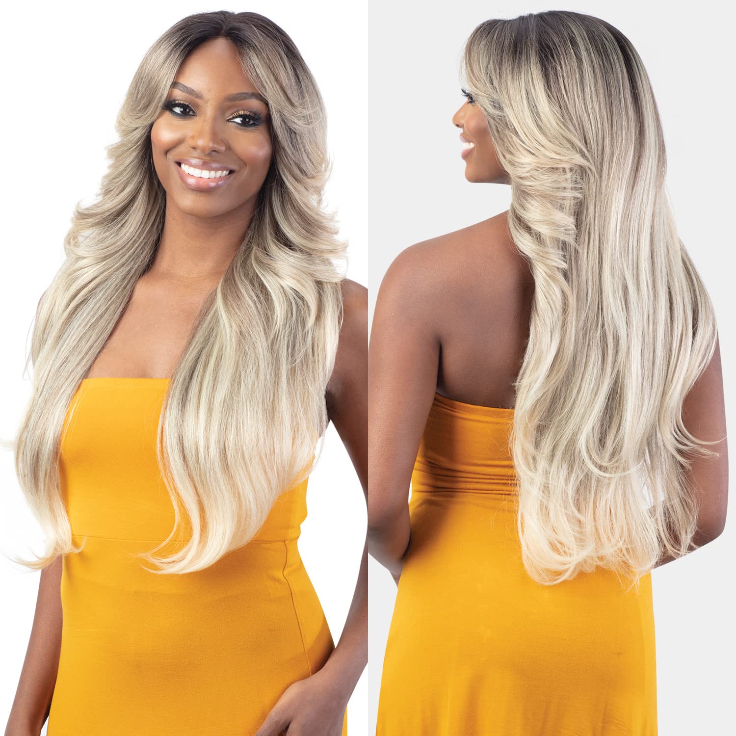 Freetress Shake-n-Go Bombshell wig on model shows natural movement.