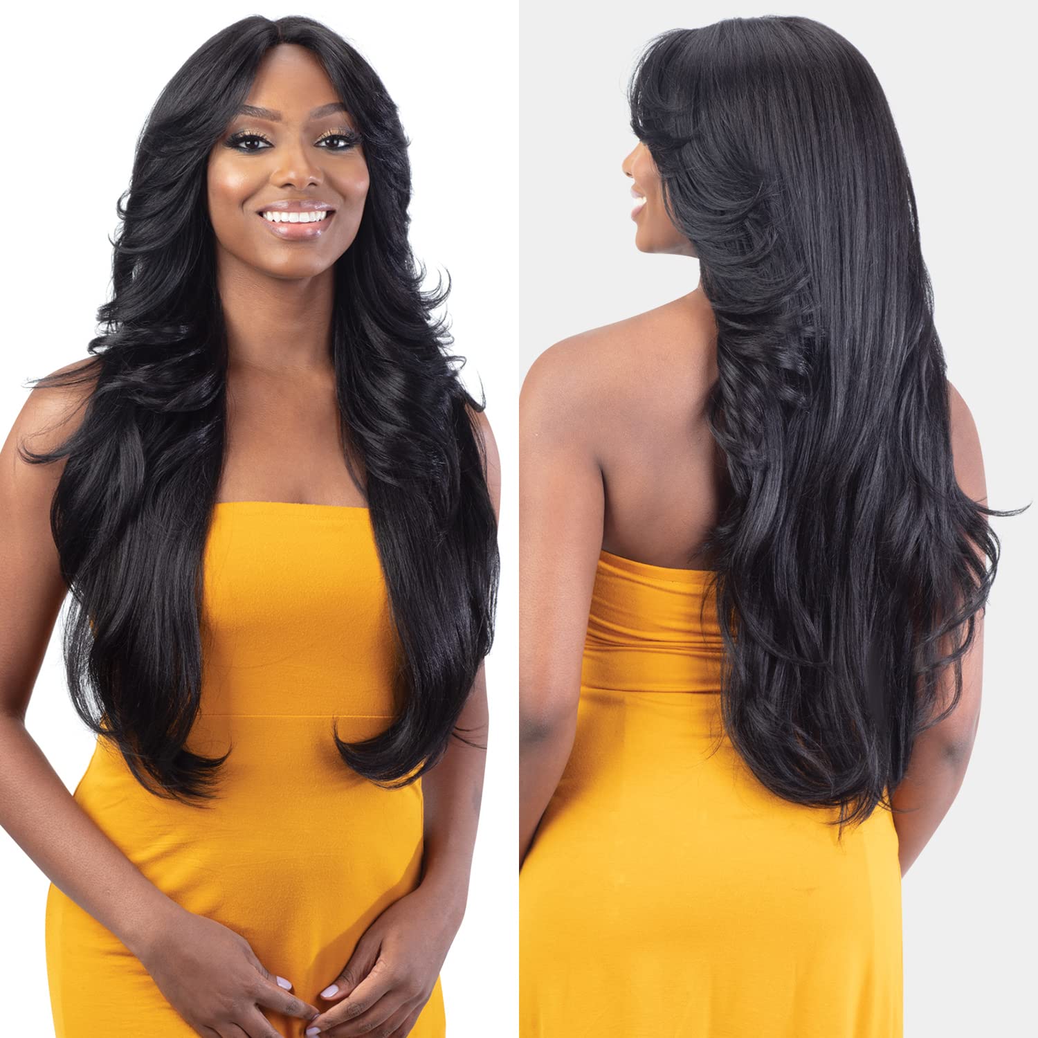 Freetress Shake-n-Go curtain bangs wig face-framing soft layering.