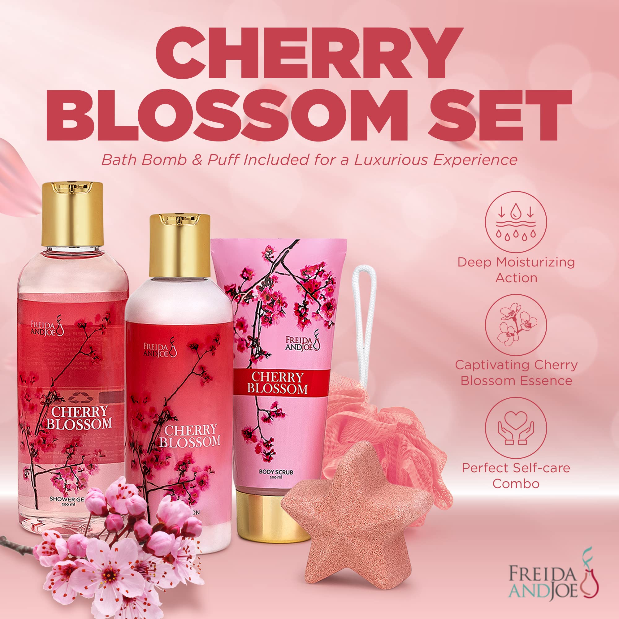 Freida & Joe Cherry Blossom bath bomb with sponge for a relaxing bath