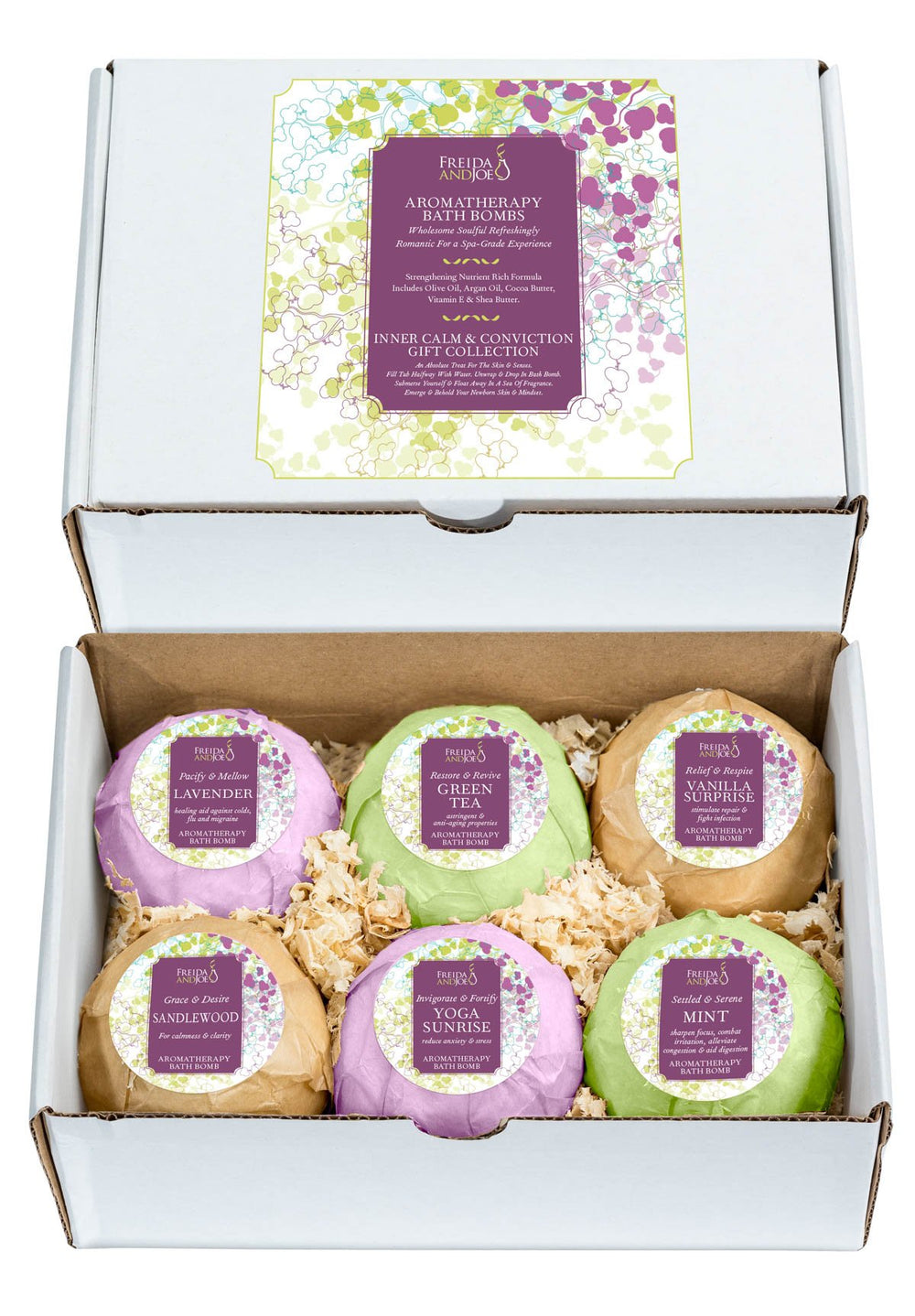 Freida and Joe Luxury Aromatherapy Bath Bombs six-scent set for immersive spa-like relaxation.