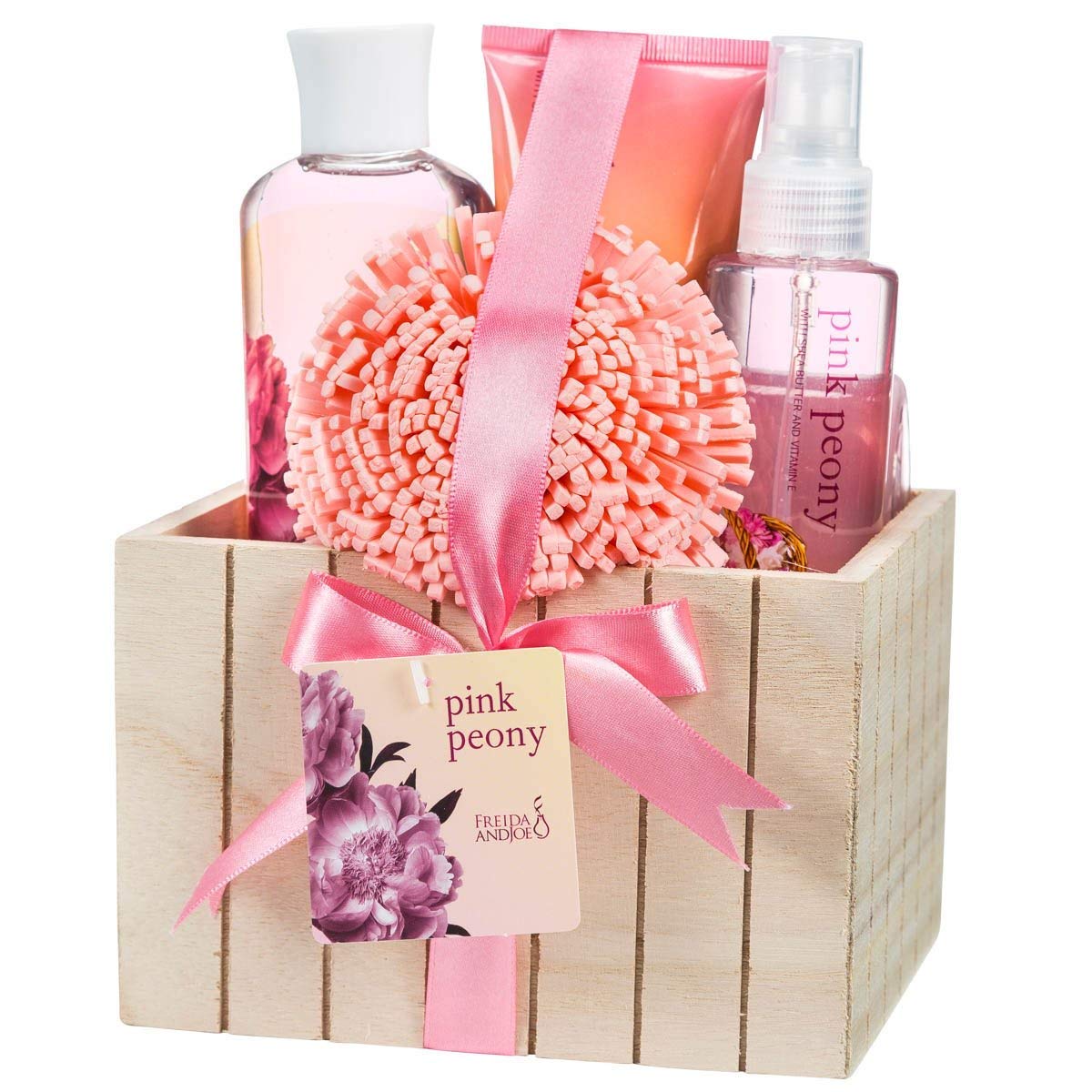 Freida and Joe Pink Peony bath set in natural wood box for elegant self-care display.